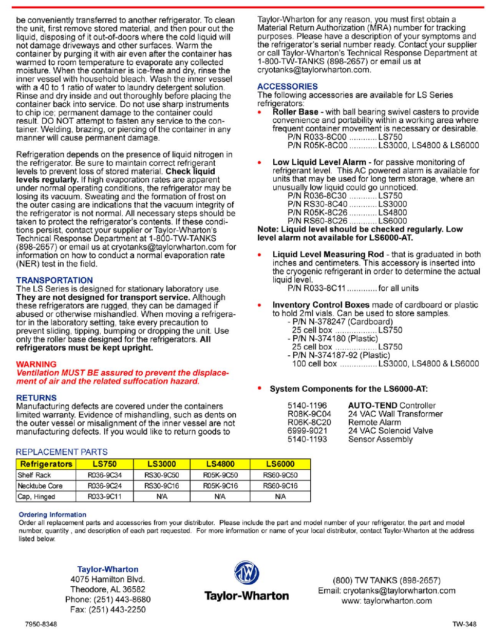 Taylor-Wharton LS Series User Manual | Page 2 / 7