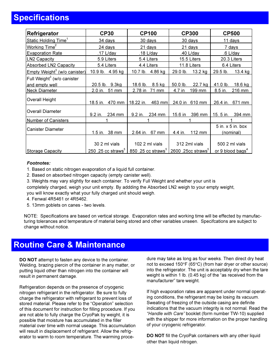 Specifications, Routine care & maintenance | Taylor-Wharton CP Series User Manual | Page 3 / 6
