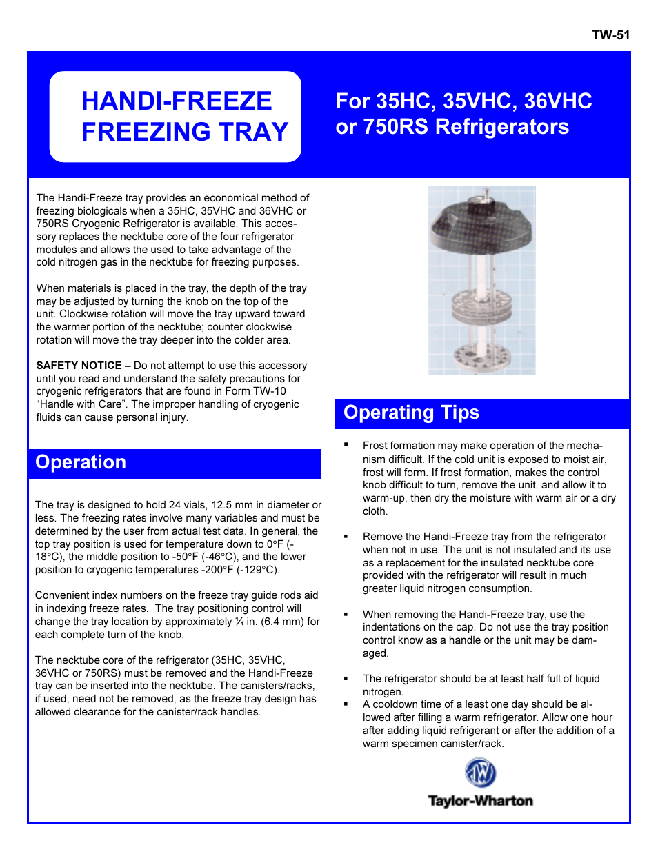 Taylor-Wharton Freezing Tray User Manual | 2 pages