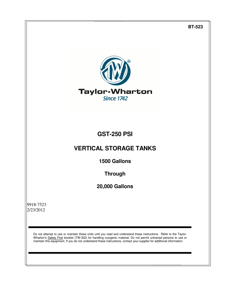 Taylor-Wharton High Capacity GST Storage Tanks User Manual | 33 pages