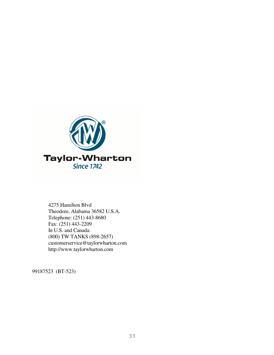 Taylor-Wharton High Capacity GST Storage Tanks User Manual | Page 33 / 33