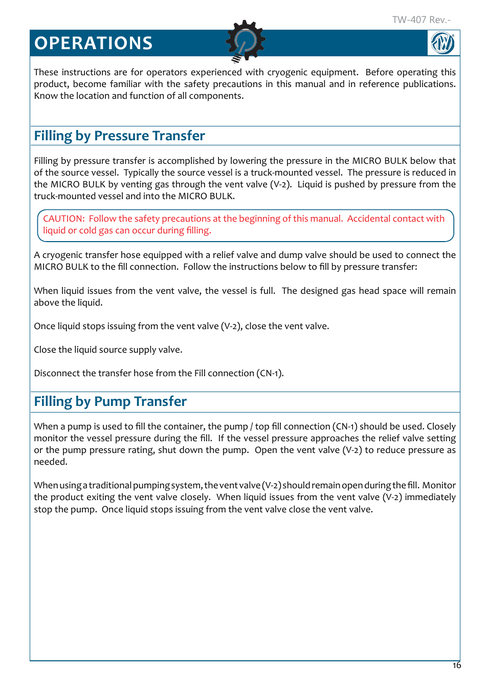 Operations, Filling by pressure transfer, Filling by pump transfer | Operations 16, Filling by pressure transfer 16, Filling by pump transfer 16 | Taylor-Wharton Microbulk Tanks User Manual | Page 18 / 36
