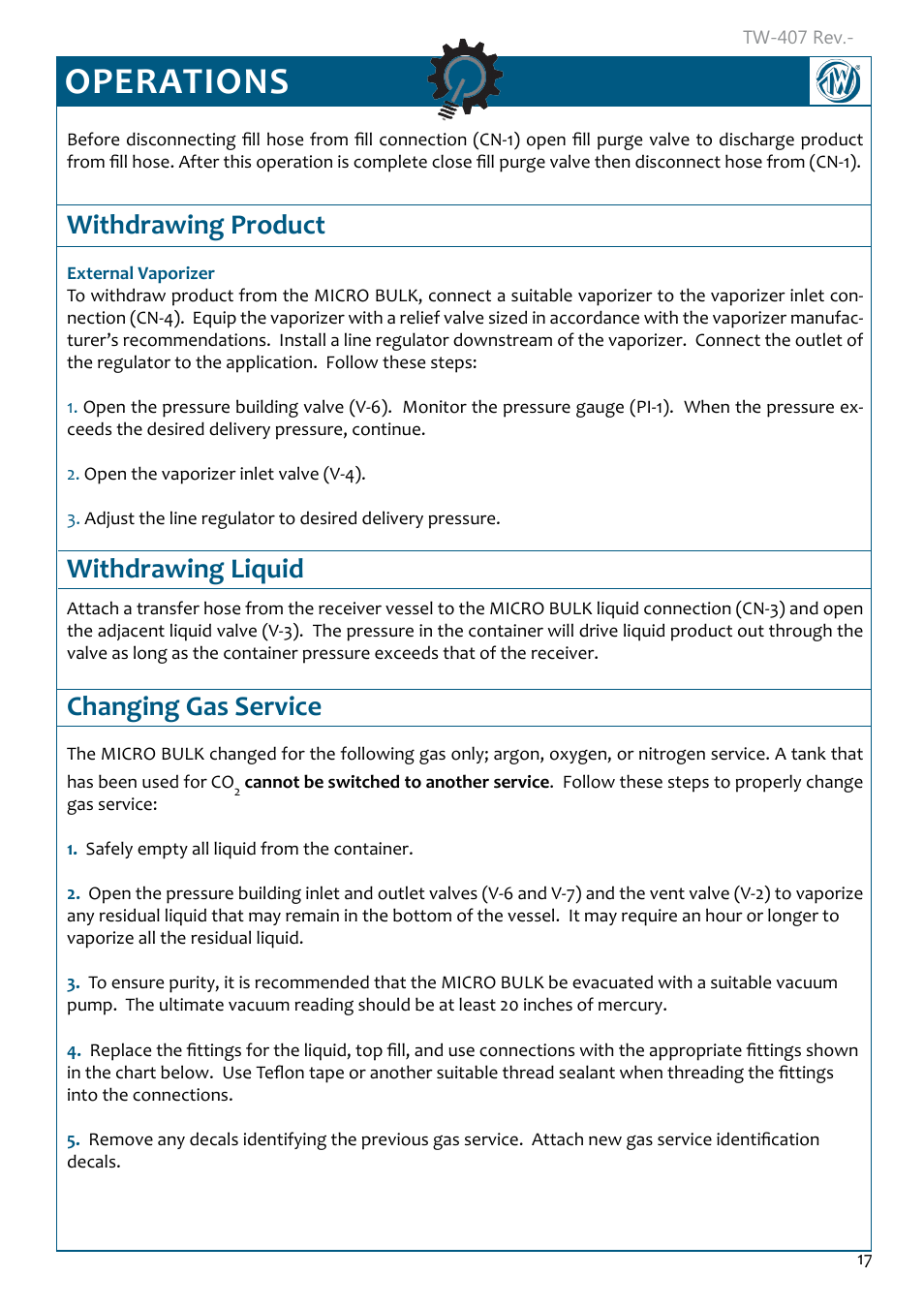 Operations, Withdrawing product, Withdrawing liquid | Changing gas service, Withdrawing product 17, Withdrawing liquid 17, Changing gas service 17 | Taylor-Wharton Microbulk Tanks User Manual | Page 19 / 36