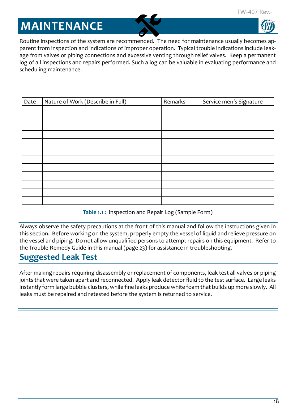 Maintenance, Suggested leak test, Maintenance 18 | Suggested leak test 18 | Taylor-Wharton Microbulk Tanks User Manual | Page 20 / 36
