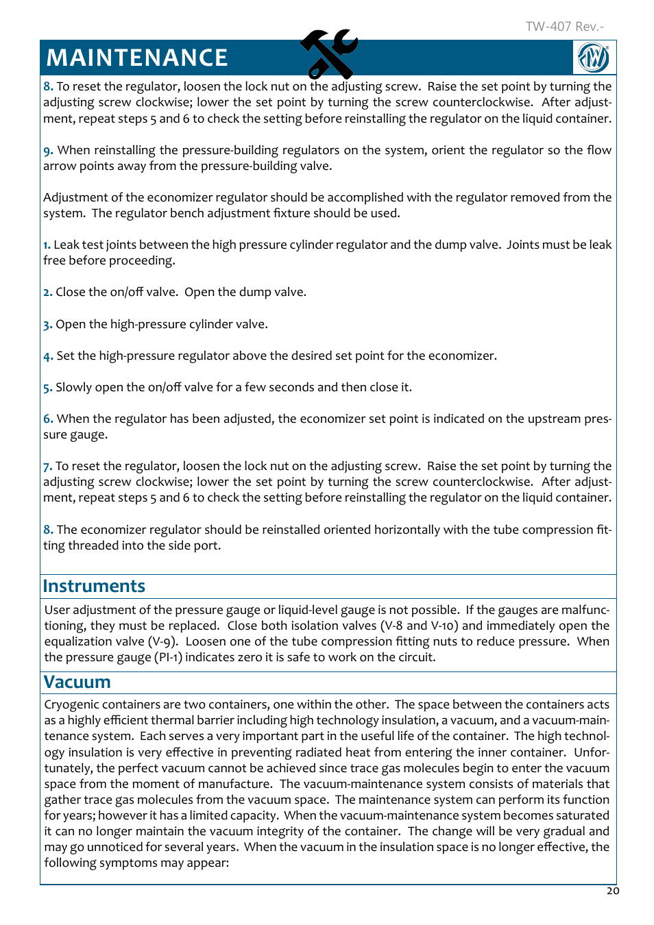Maintenance, Instruments, Vacuum | Instruments 20, Vacuum 20, Instruments vacuum | Taylor-Wharton Microbulk Tanks User Manual | Page 22 / 36