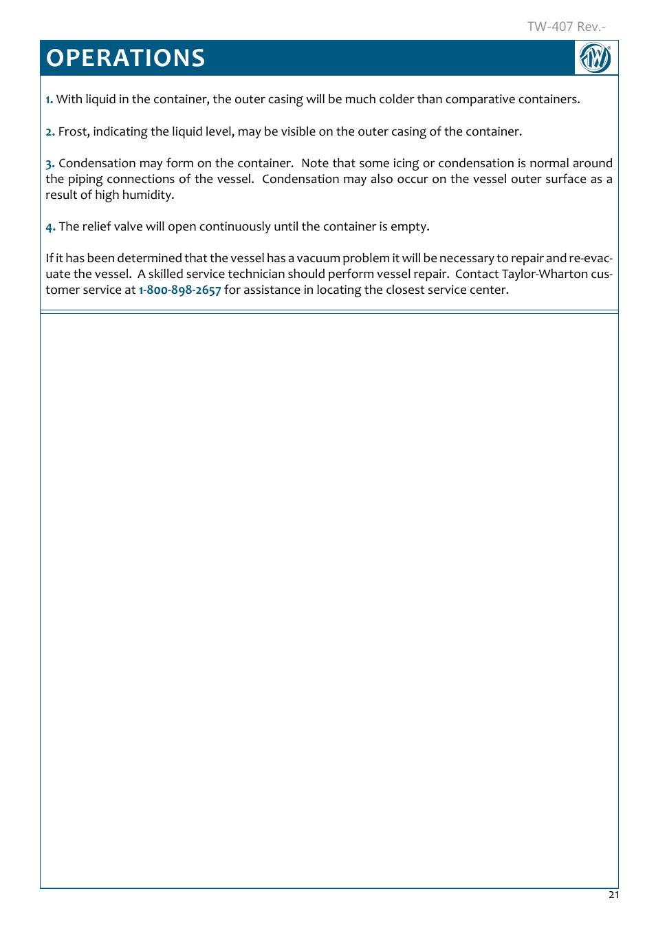 Operations, Operations 21 | Taylor-Wharton Microbulk Tanks User Manual | Page 23 / 36