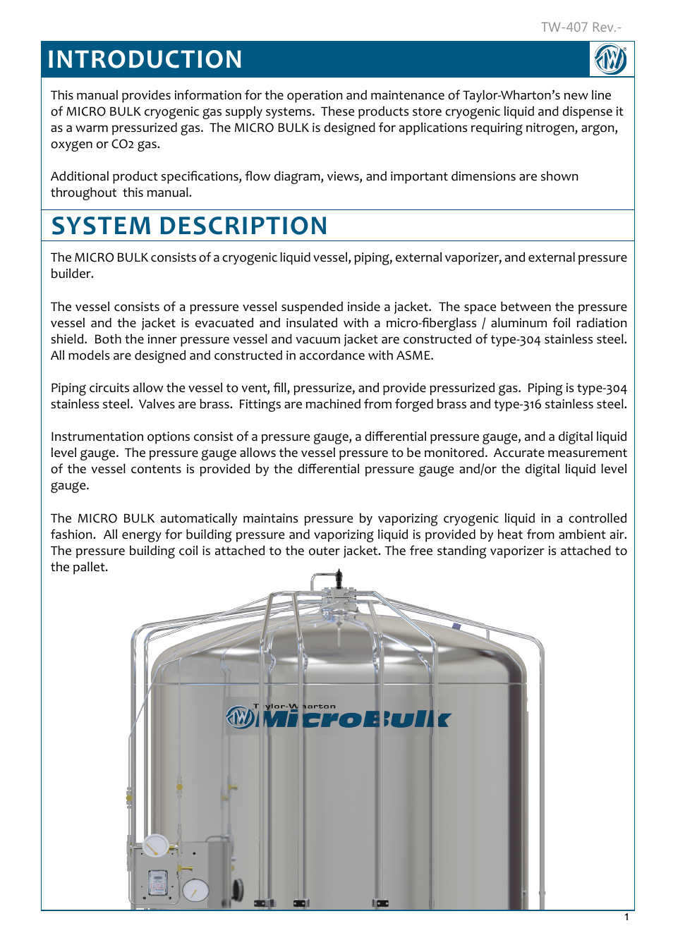 Introduction, System description, Introduction 1 | System description 1 | Taylor-Wharton Microbulk Tanks User Manual | Page 3 / 36