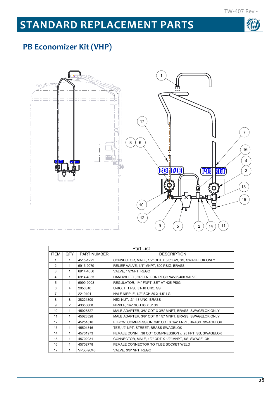 Standard replacement parts, Pb economizer kit (vhp), Pb economizer kit (vhp) 28 | Tw-407 rev, Part list | Taylor-Wharton Microbulk Tanks User Manual | Page 30 / 36