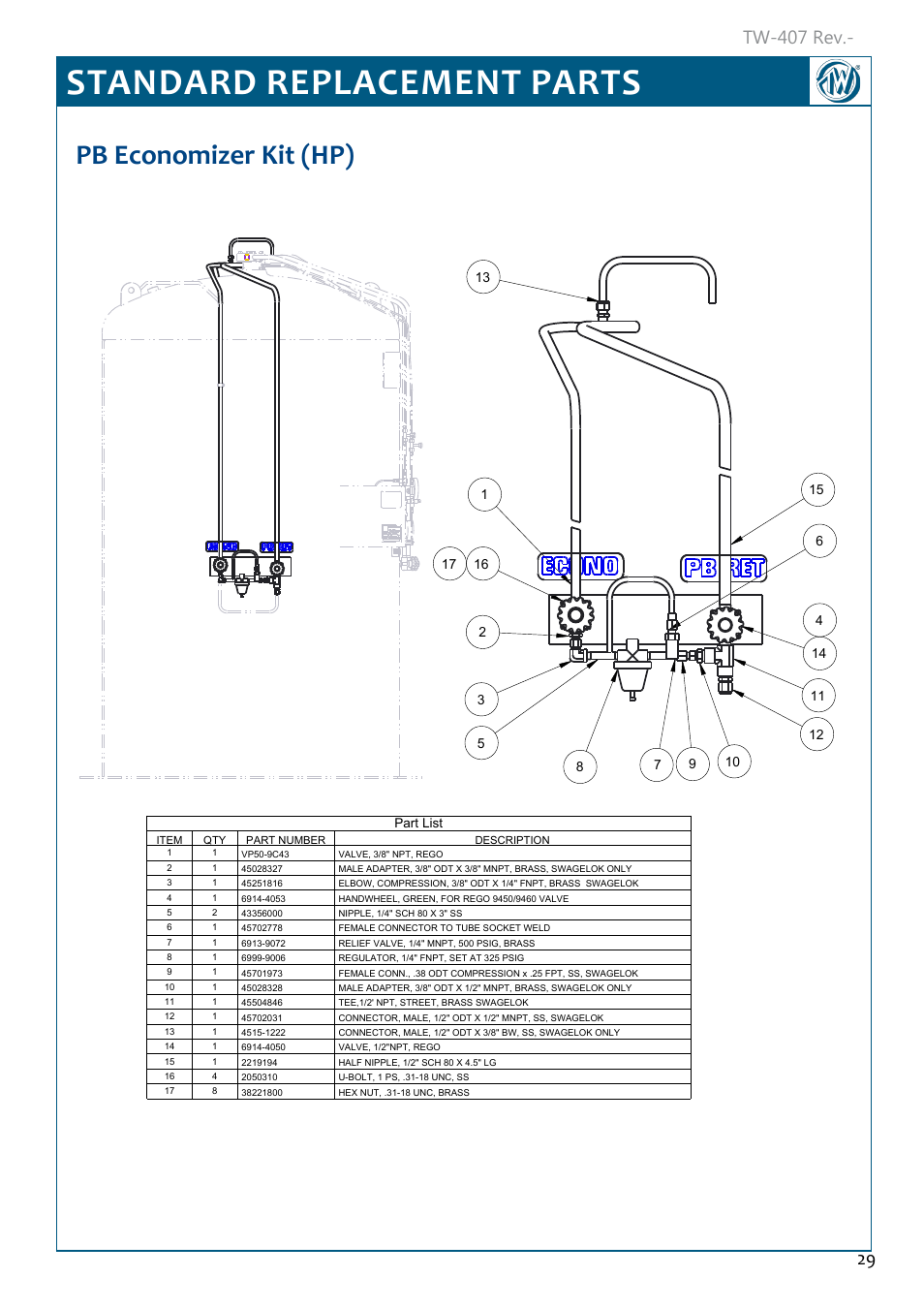 Standard replacement parts, Pb economizer kit (hp), Pb economizer kit (hp) 29 | Tw-407 rev | Taylor-Wharton Microbulk Tanks User Manual | Page 31 / 36