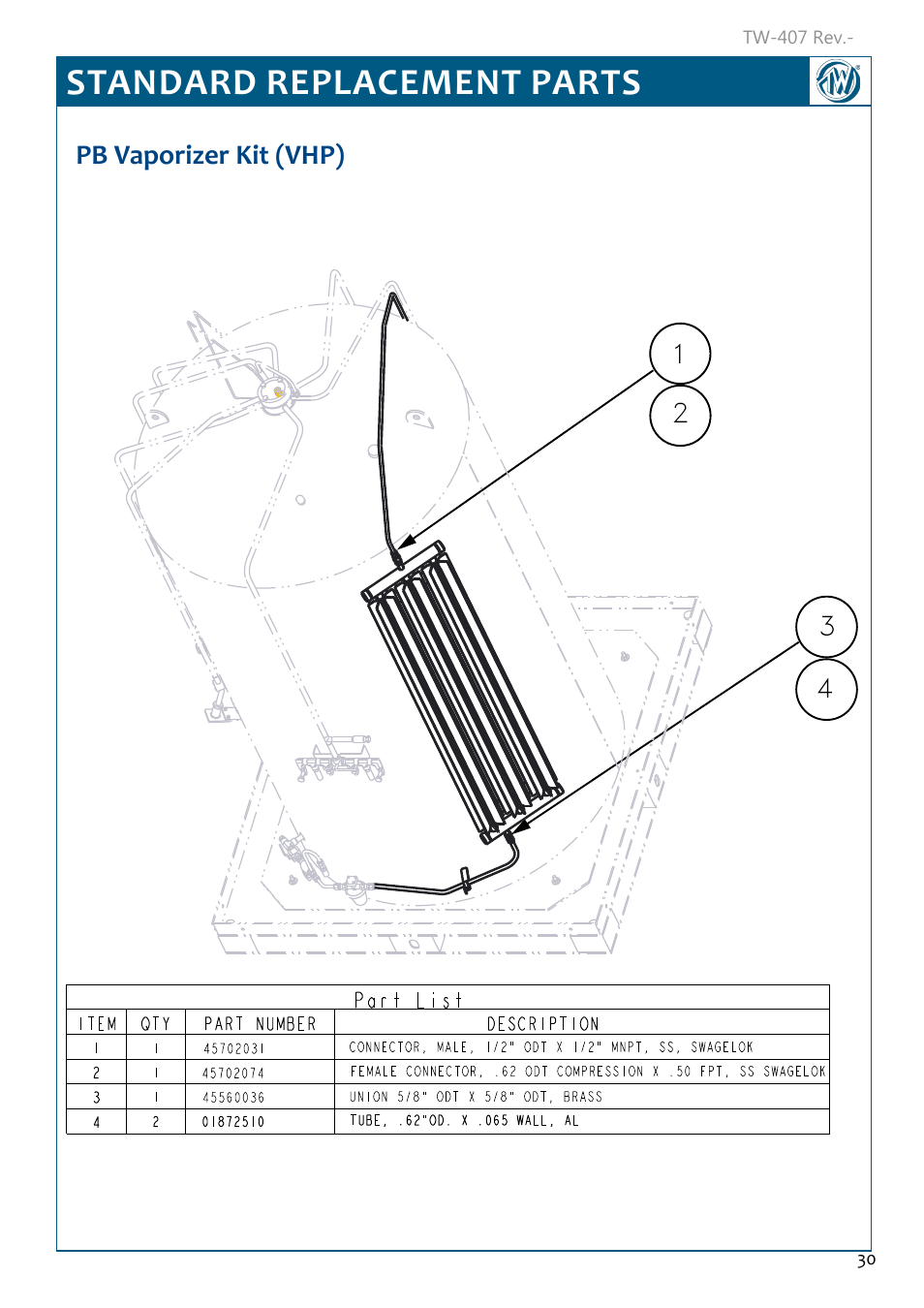 Standard replacement parts, Pb vaporizer kit (vhp), Pb vaporizer kit (vhp) 30 | Taylor-Wharton Microbulk Tanks User Manual | Page 32 / 36