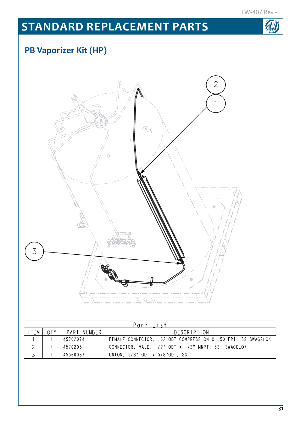 Standard replacement parts, Pb vaporizer kit (hp), Pb vaporizer kit (hp) 31 | Taylor-Wharton Microbulk Tanks User Manual | Page 33 / 36