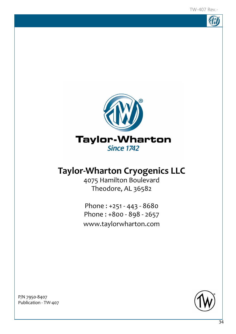 Taylor-wharton cryogenics llc | Taylor-Wharton Microbulk Tanks User Manual | Page 36 / 36