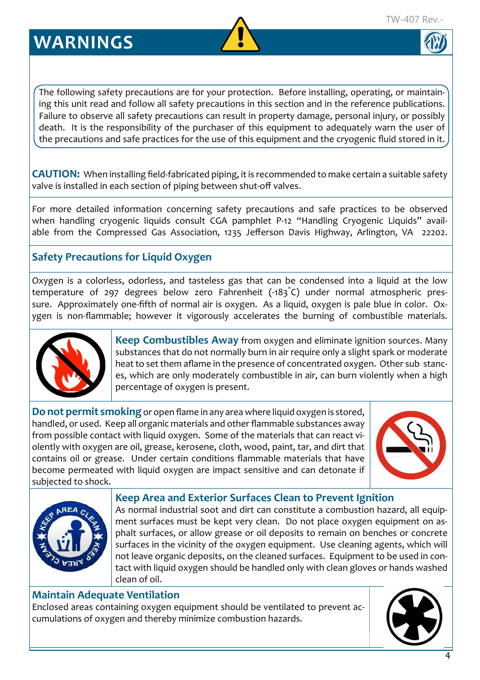 Warnings, Warnings 4 | Taylor-Wharton Microbulk Tanks User Manual | Page 6 / 36
