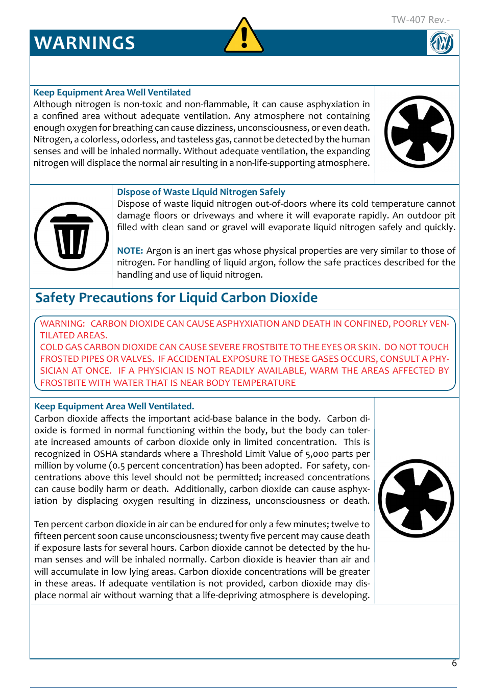 Warnings, Safety precautions for liquid carbon dioxide, Safety precautions for liquid carbon dioxide 6 | Taylor-Wharton Microbulk Tanks User Manual | Page 8 / 36