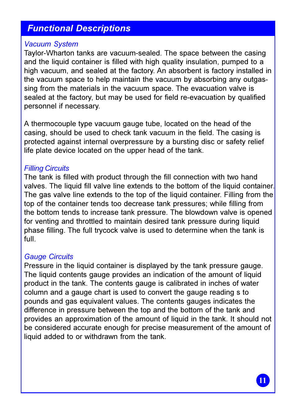 Functional descriptions | Taylor-Wharton Bulk Tank Safety Data User Manual | Page 11 / 16