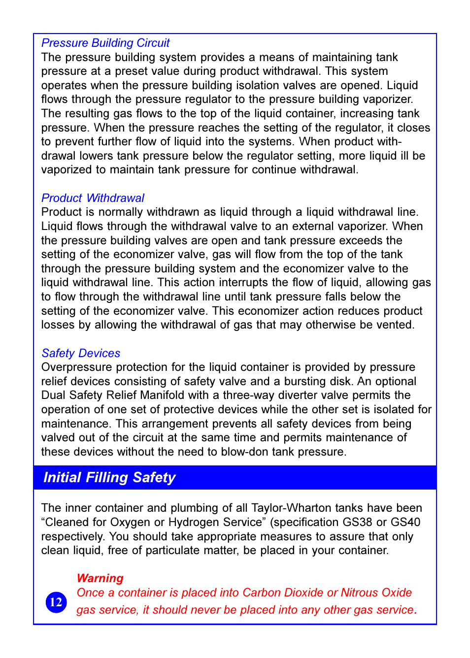 Initial filling safety | Taylor-Wharton Bulk Tank Safety Data User Manual | Page 12 / 16