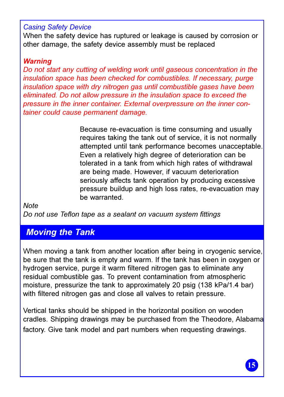 Moving the tank | Taylor-Wharton Bulk Tank Safety Data User Manual | Page 15 / 16