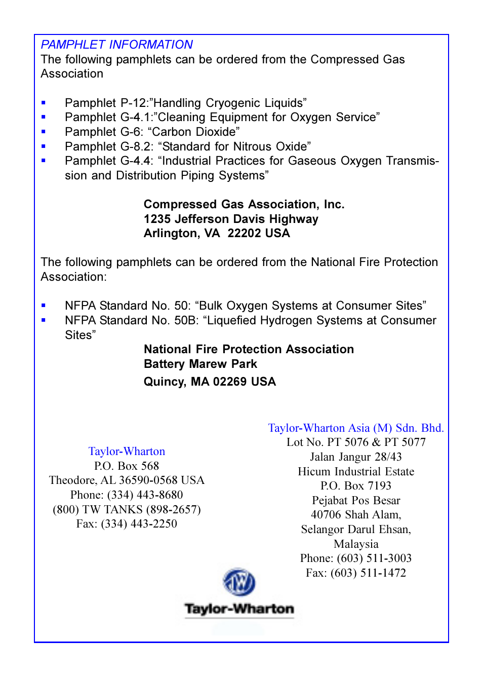 Taylor-Wharton Bulk Tank Safety Data User Manual | Page 16 / 16