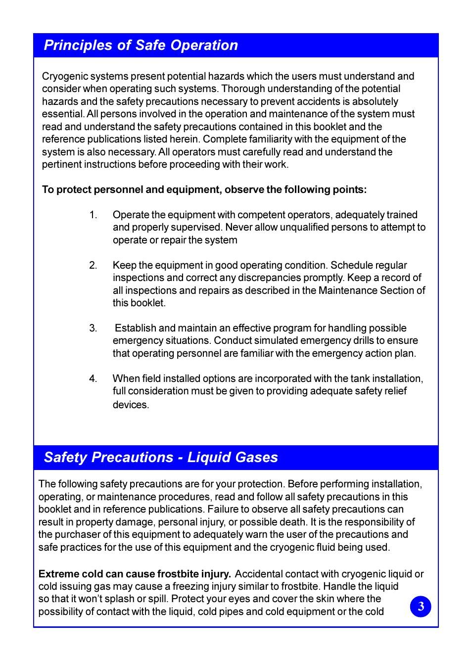 Principles of safe operation, Safety precautions - liquid gases | Taylor-Wharton Bulk Tank Safety Data User Manual | Page 3 / 16