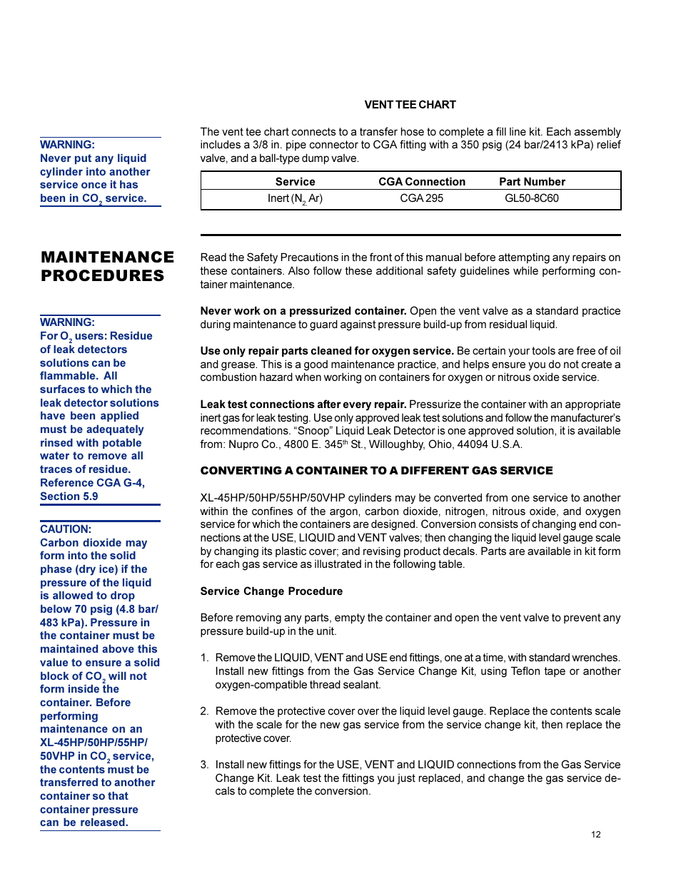 Maintenance procedures | Taylor-Wharton XL-55HP (with dual regulators) User Manual | Page 12 / 26