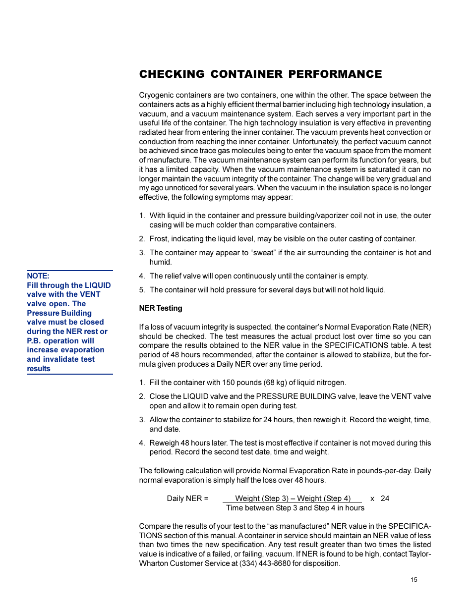 Checking container performance | Taylor-Wharton XL-55HP (with dual regulators) User Manual | Page 15 / 26