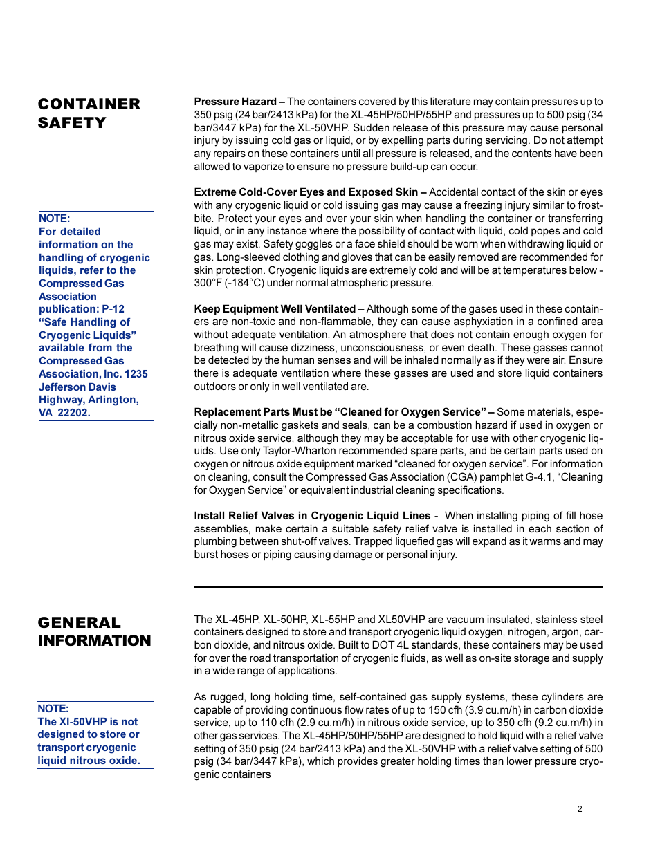 Container safety, General information | Taylor-Wharton XL-55HP (with dual regulators) User Manual | Page 2 / 26