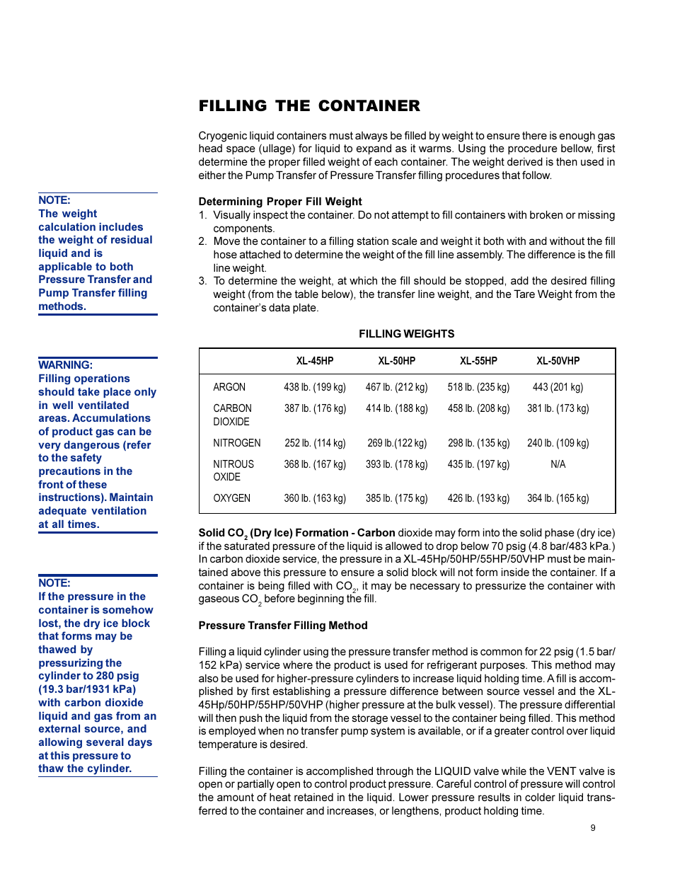 Filling the container | Taylor-Wharton XL-55HP (with dual regulators) User Manual | Page 9 / 26