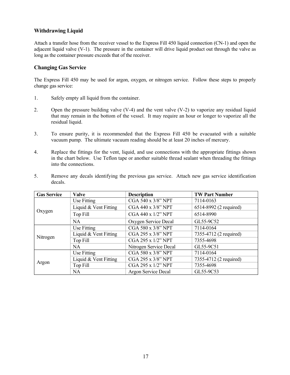 Withdrawing liquid, Changing gas service | Taylor-Wharton EF-450 User Manual | Page 17 / 27