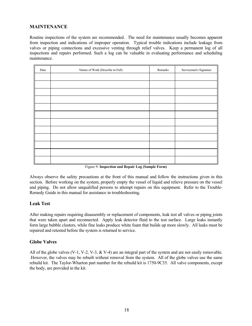 Maintenance, Leak test, Globe valves | Taylor-Wharton EF-450 User Manual | Page 18 / 27