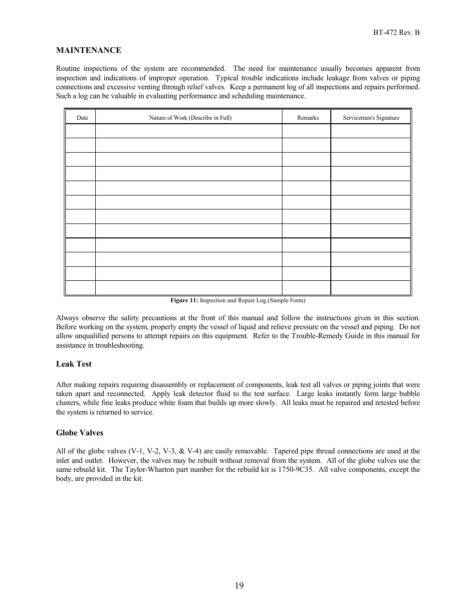 Maintenance, Leak test, Globe valves | Taylor-Wharton EF-1000 User Manual | Page 19 / 26