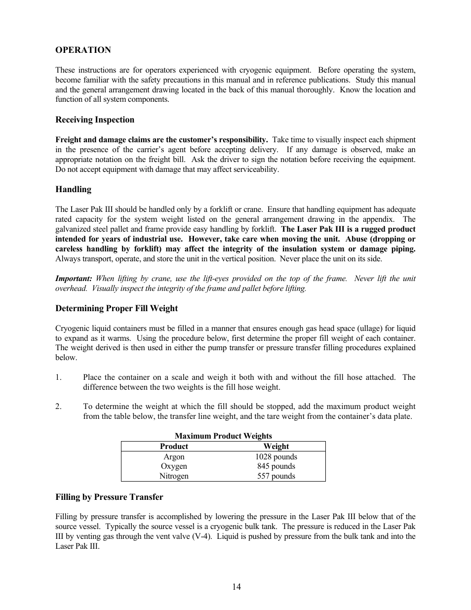 Operation, Receiving inspection, Handling | Determining proper fill weight, Filling by pressure transfer | Taylor-Wharton LP3 User Manual | Page 14 / 27