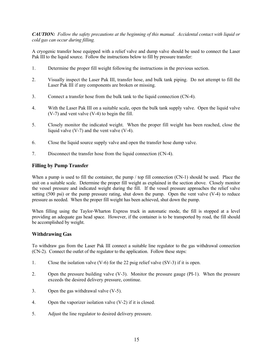 Filling by pump transfer, Withdrawing gas | Taylor-Wharton LP3 User Manual | Page 15 / 27