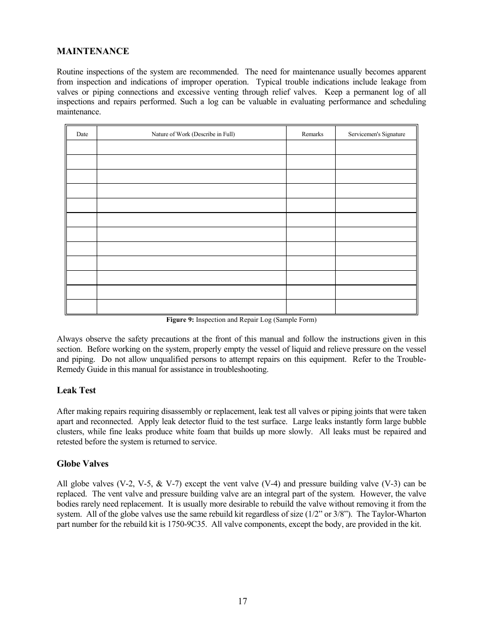 Maintenance, Leak test, Globe valves | Taylor-Wharton LP3 User Manual | Page 17 / 27