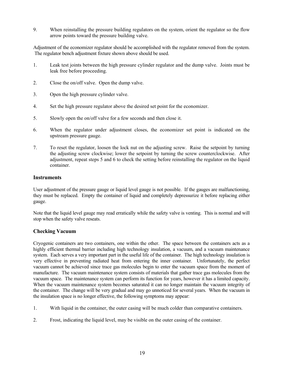 Instruments, Checking vacuum | Taylor-Wharton LP3 User Manual | Page 19 / 27