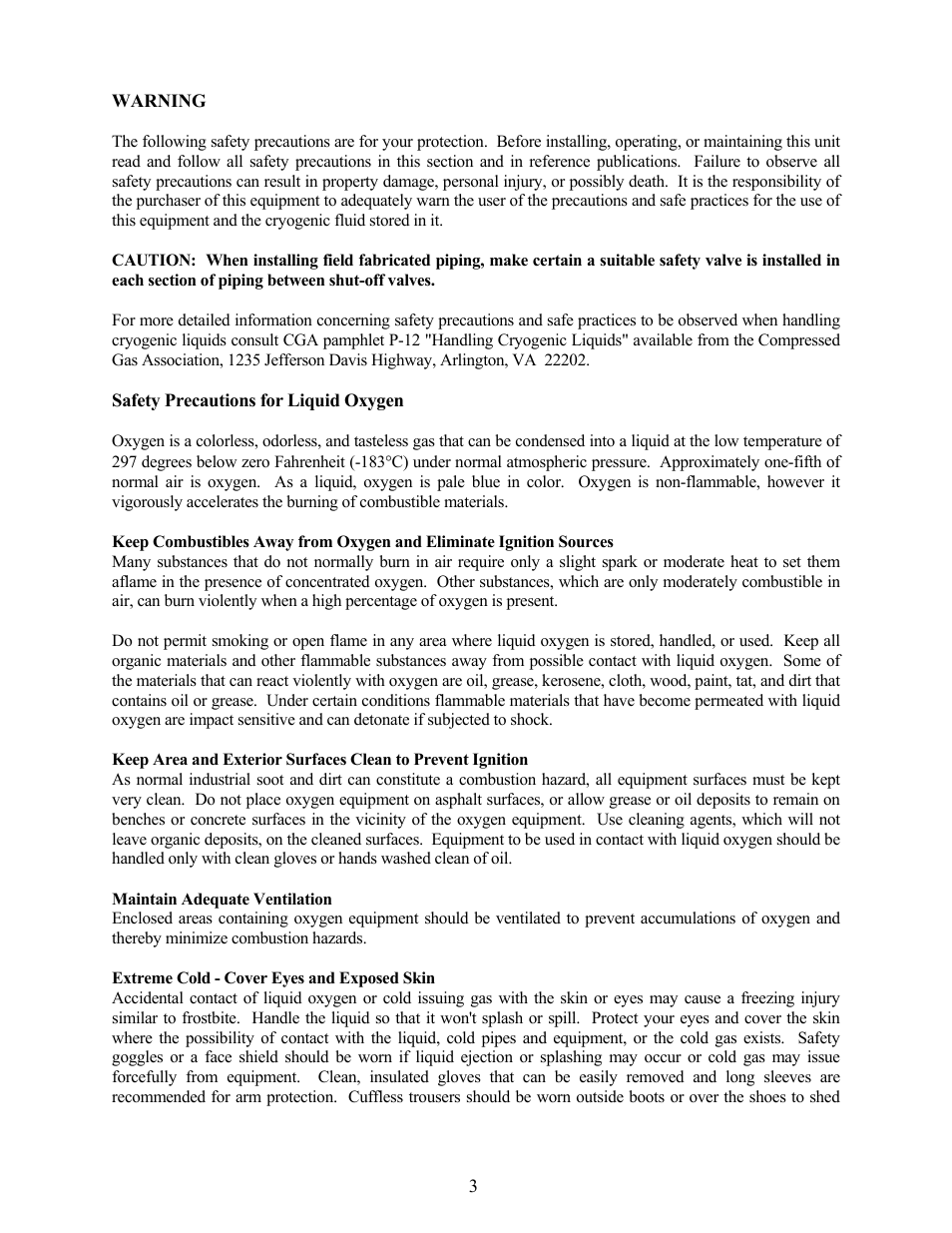 Warning, Safety precautions for liquid oxygen | Taylor-Wharton LP3 User Manual | Page 3 / 27