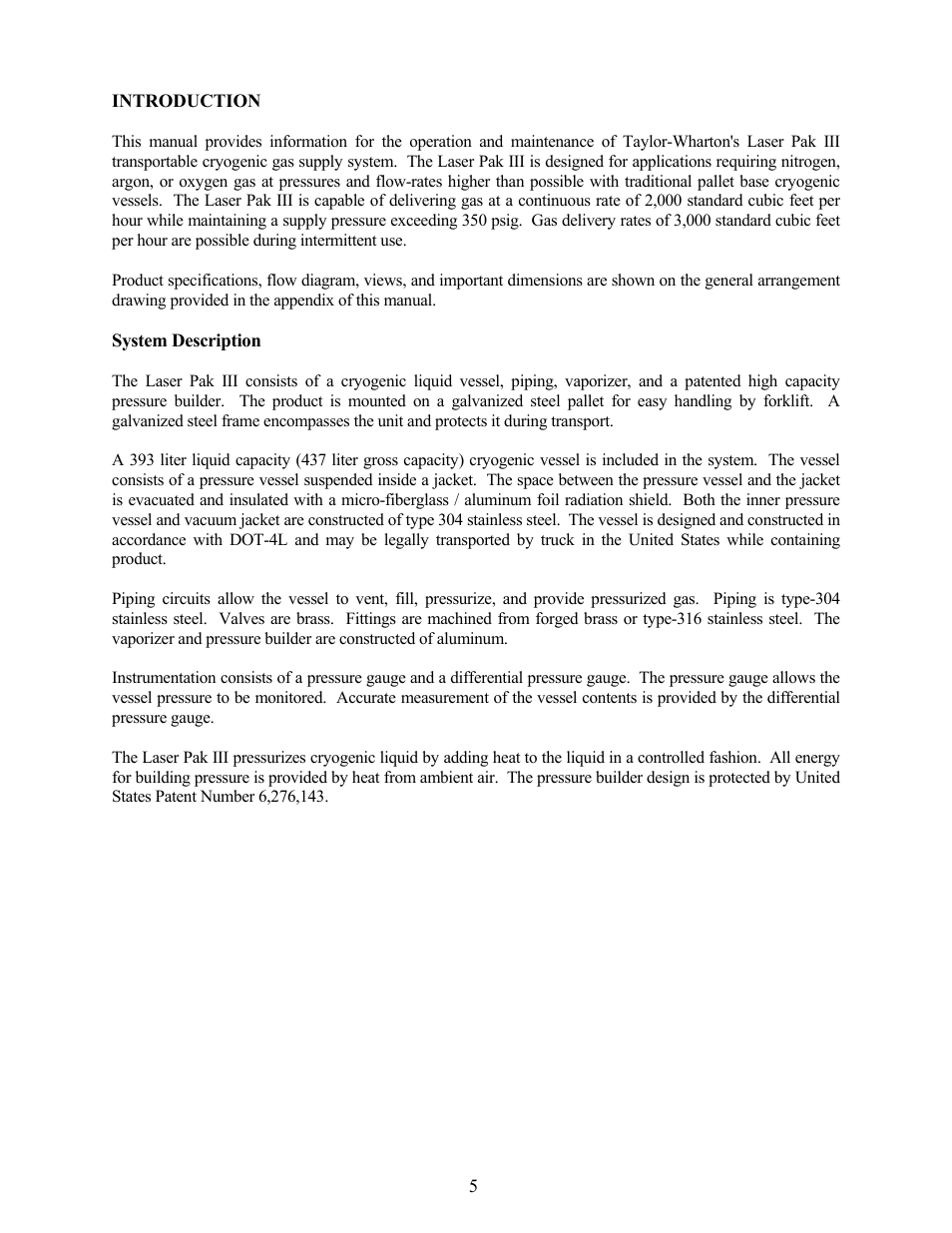 Introduction, System description | Taylor-Wharton LP3 User Manual | Page 5 / 27