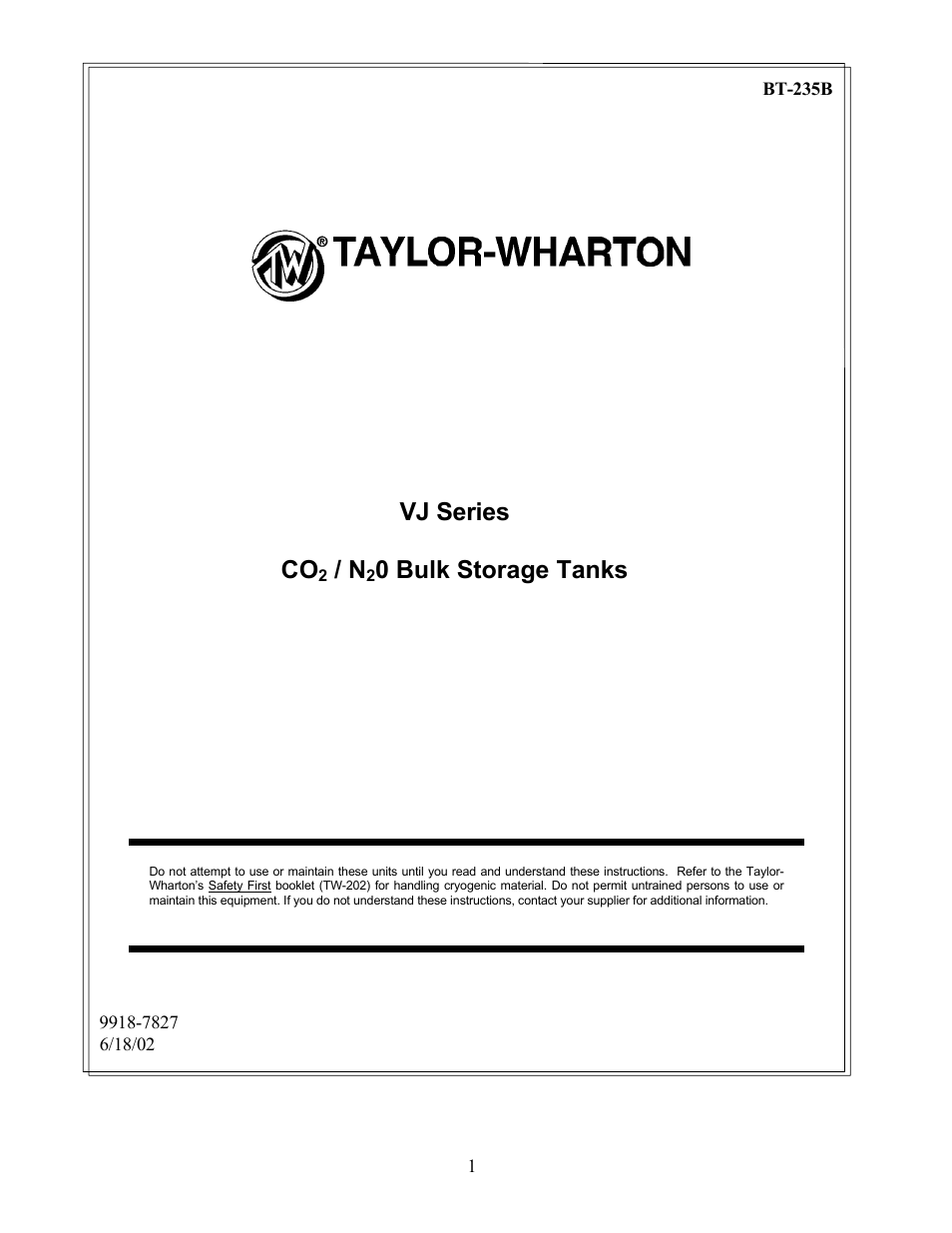 Taylor-Wharton VJ Bulk Tank User Manual | 36 pages