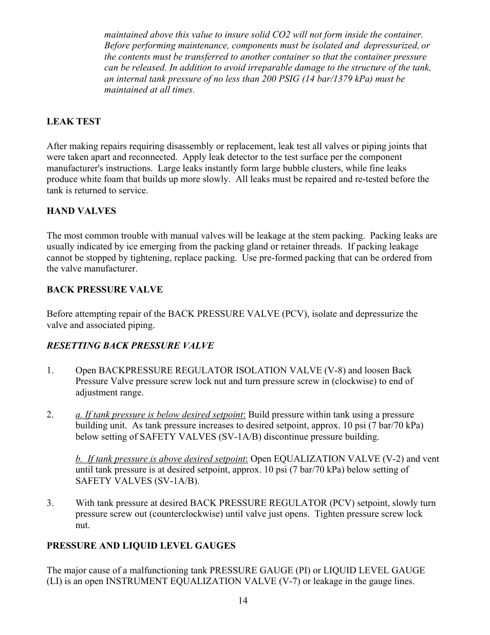 Leak test, Hand valves, Back pressure valve | Resetting back pressure valve, Pressure and liquid level gauges, Leak test hand valves back pressure valve | Taylor-Wharton VJ Bulk Tank User Manual | Page 14 / 36