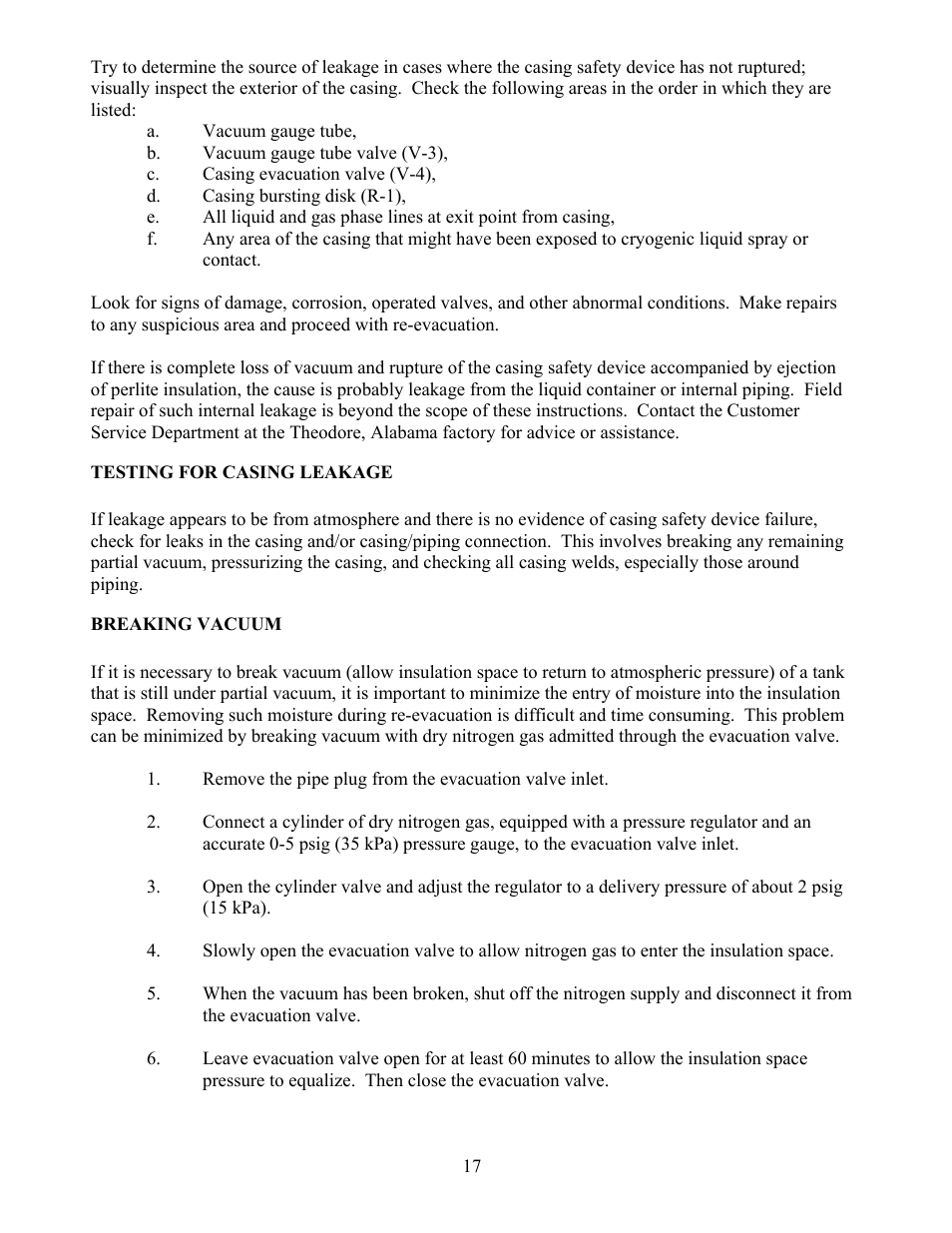 Testing for casing leakage, Breaking vacuum, Testing for casing leakage breaking vacuum | Taylor-Wharton VJ Bulk Tank User Manual | Page 17 / 36