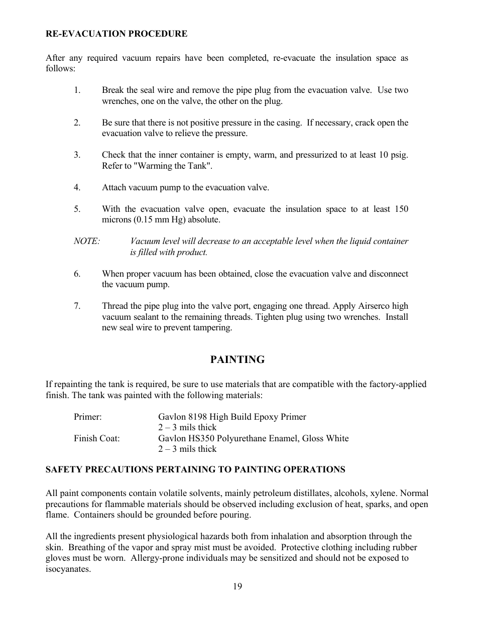 Re-evacuation procedure, Painting | Taylor-Wharton VJ Bulk Tank User Manual | Page 19 / 36