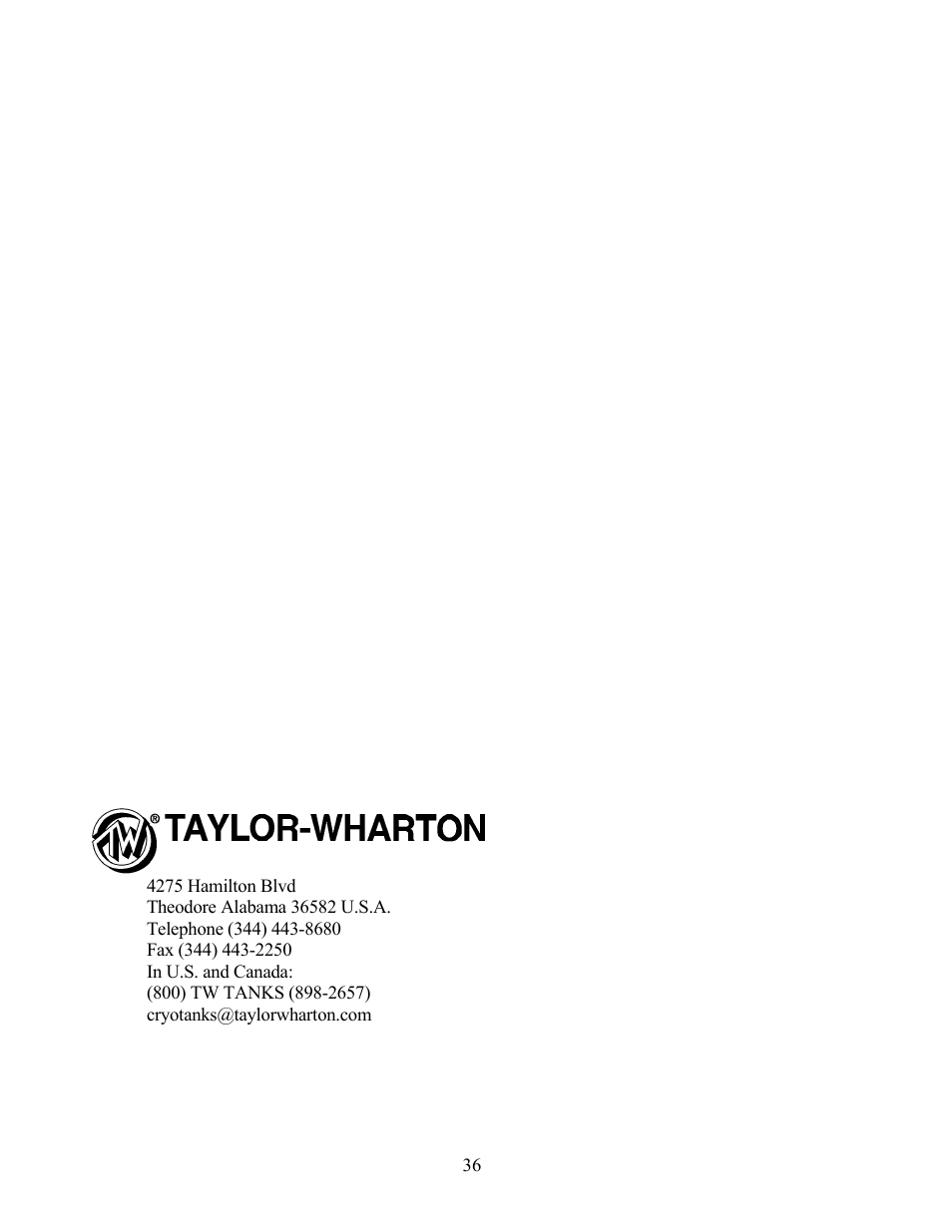 Taylor-Wharton VJ Bulk Tank User Manual | Page 36 / 36