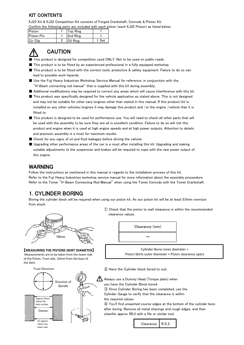 Caution, Warning, Cylinder boring | Kit contents | Tomei Powered EJ22KIT/FORGED CRANKSHAFT User Manual | Page 5 / 8