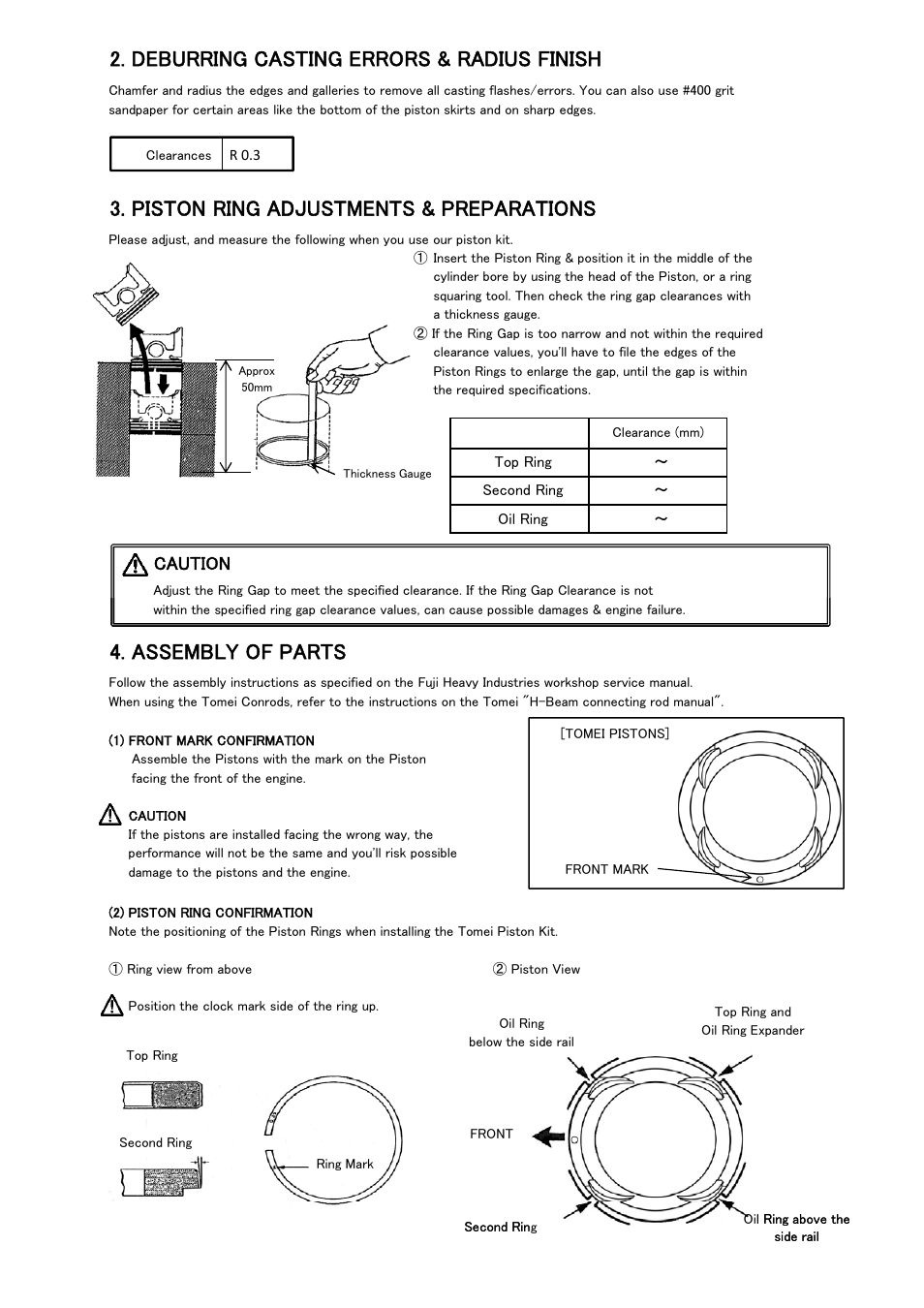 Deburring casting errors & radius finish, Piston ring adjustments & preparations, Assembly of parts | Caution | Tomei Powered EJ22KIT/FORGED CRANKSHAFT User Manual | Page 6 / 8