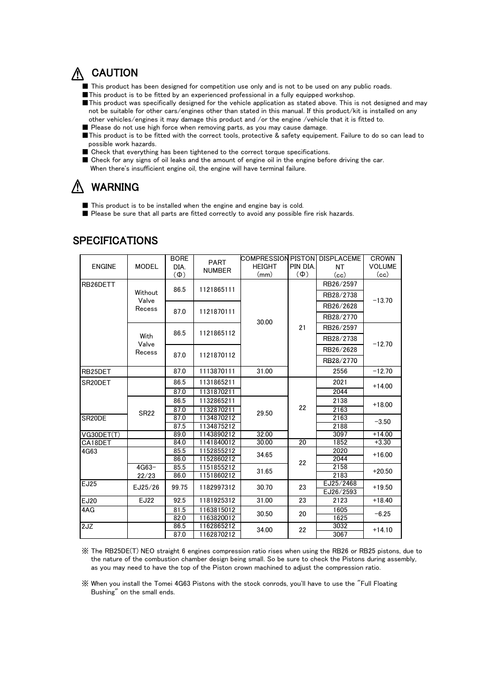 Caution, Warning, Specifications | Tomei Powered PISTON KIT User Manual | Page 13 / 24