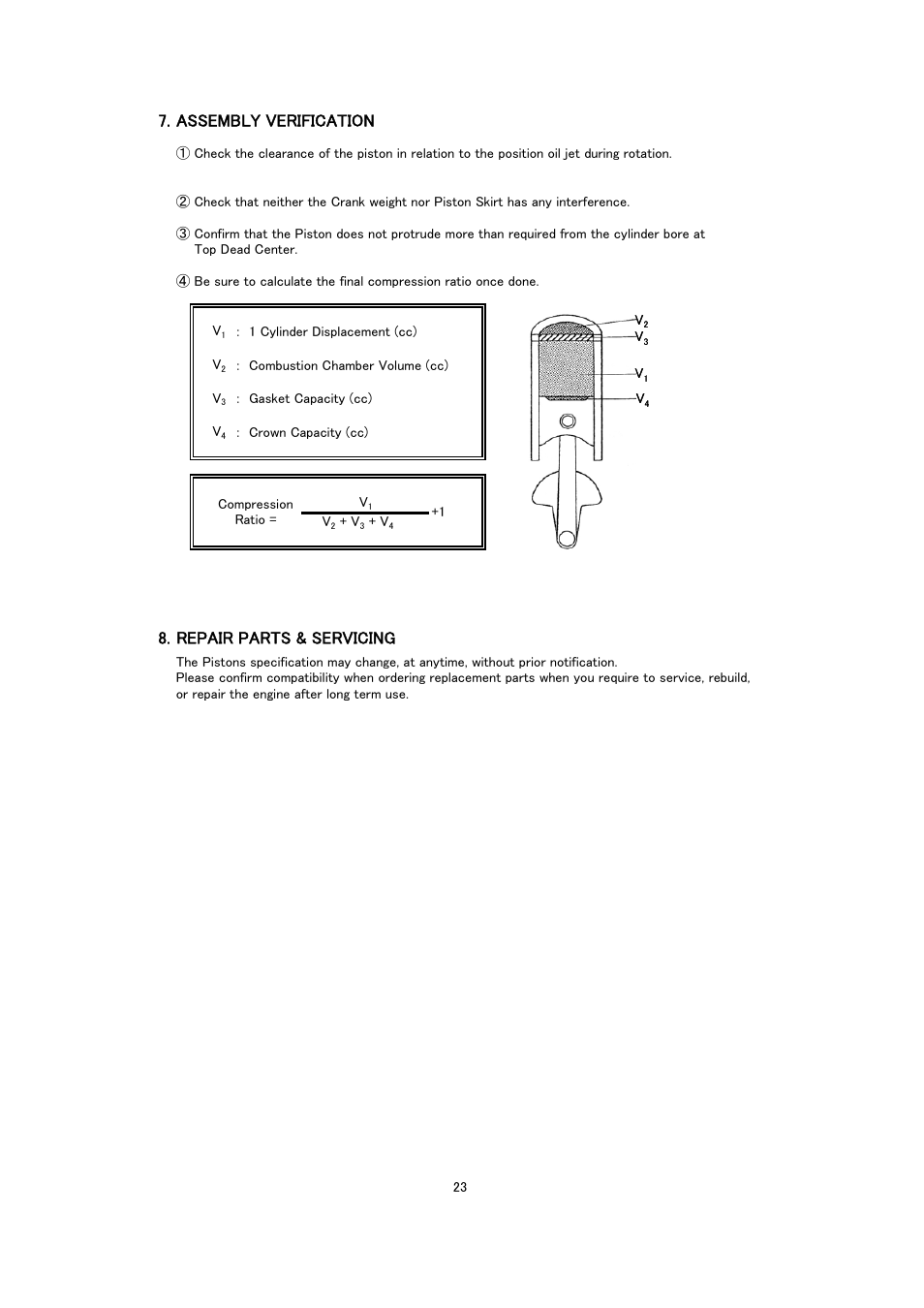 Assembly verification, Repair parts & servicing | Tomei Powered PISTON KIT User Manual | Page 23 / 24