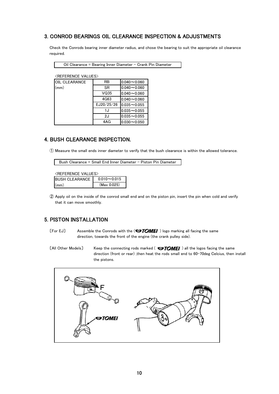 Bush clearance inspection, Piston installation | Tomei Powered H-BEAM CONNECTING RODS User Manual | Page 10 / 12