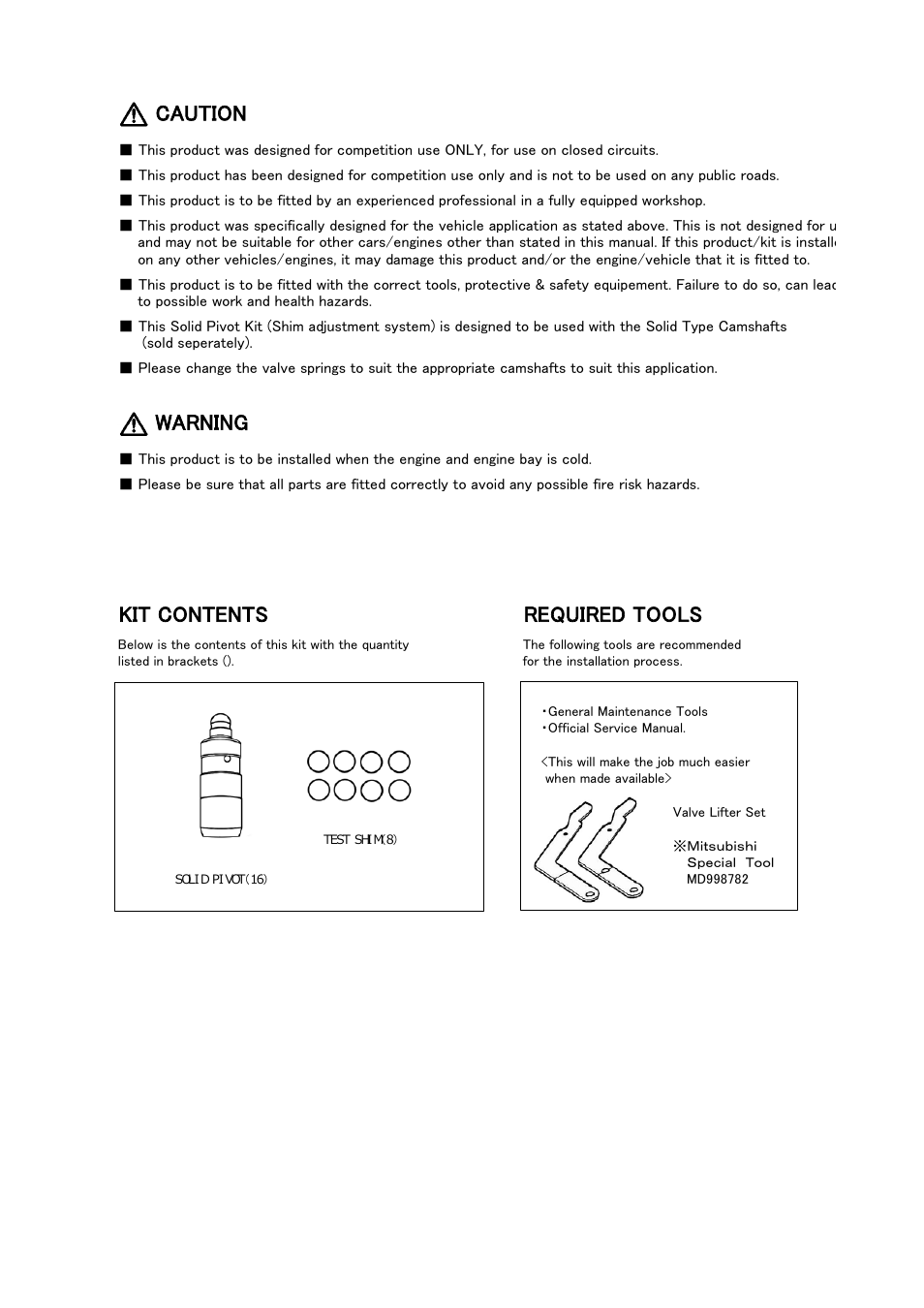 Caution, Warning, Kit contents required tools | Tomei Powered SOLID PIVOTS User Manual | Page 6 / 12