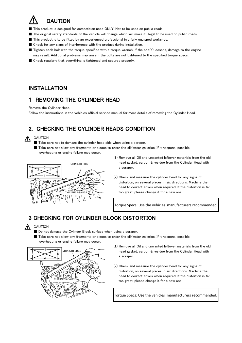 Caution, Installation 1 removing the cylinder head, Checking the cylinder heads condition | 3 checking for cylinder block distortion | Tomei Powered HEAD GASKET User Manual | Page 5 / 8