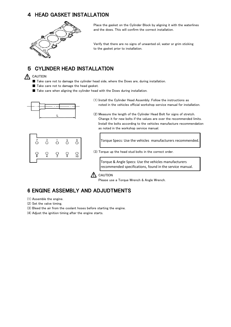 Head gasket installation, Cylinder head installation, 6 engine assembly and adjudtments | Tomei Powered HEAD GASKET User Manual | Page 6 / 8
