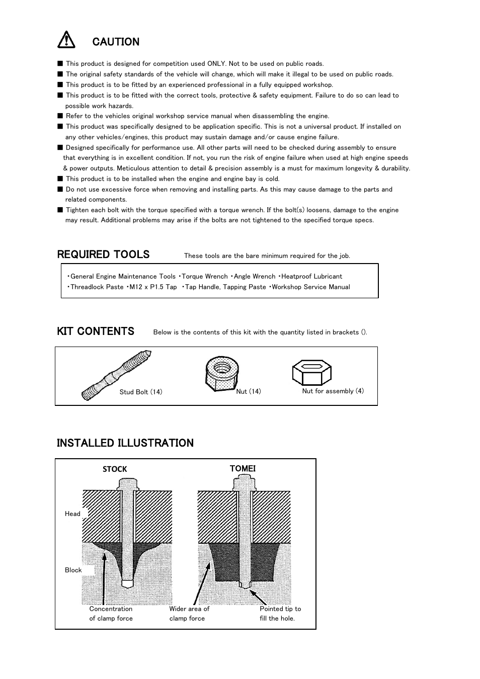 Caution, Required tools, Kit contents | Installed illustration | Tomei Powered RB26DETT HEAD STUD BOLTS User Manual | Page 6 / 12